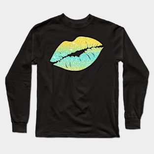 Bright Teal Yellow Ombre Faux Glitter Lips Long Sleeve T-Shirt